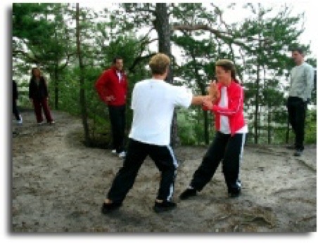 Nadja Kotrchova practicing pushing hands with Ron Nansink during the natural tuning worksop in the Czech Rep..